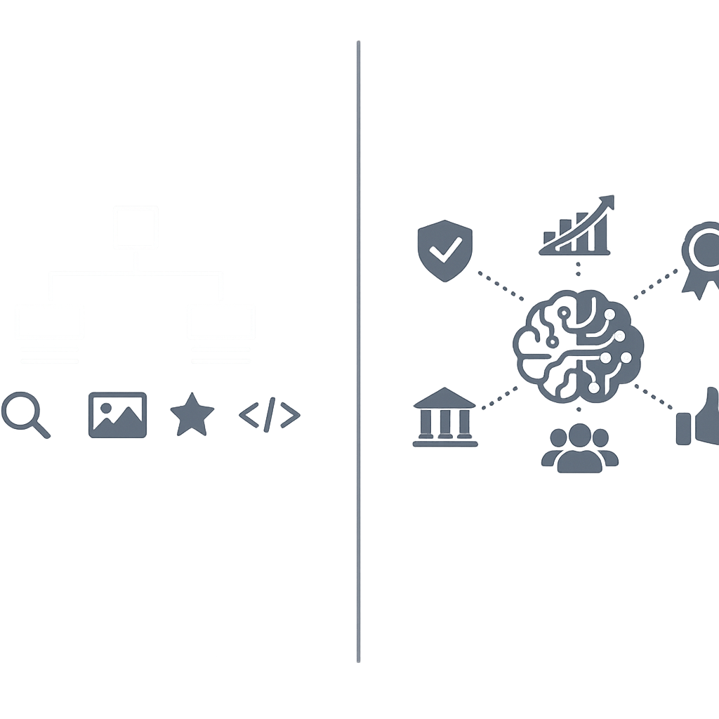 Minimalist graphic showing structured schema markup and authority signals for AI engines